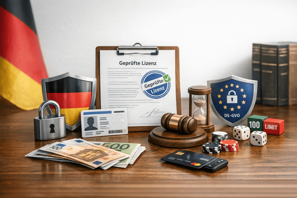 Sicherheits- und Lizenzsymbole auf einem stilvollen Schreibtisch für die besten Online Casinos in Deutschland, mit Datenschutz-Elementen, geprüften Lizenzen, sicheren Zahlungen und Spielerschutz.